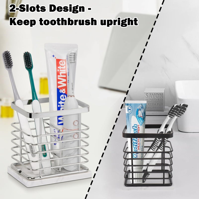 HarJue Toothbrush Holder  Luxurious Metal Toothbrush Toothpaste Holder for Bathroom  Multi-Slots Openwork Design  Bathroom Accessory for Storage and Organizer (Marble Base-2 Slots  Chrome) - Image 3